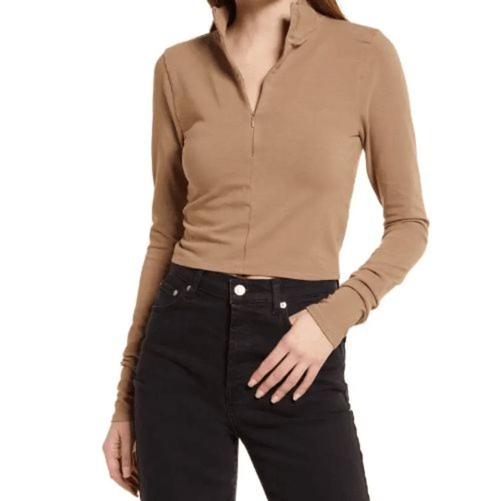 Good American Essential Zip Mock Long Sleeve Top Putty001 SZ XXL(5) NWT $59
